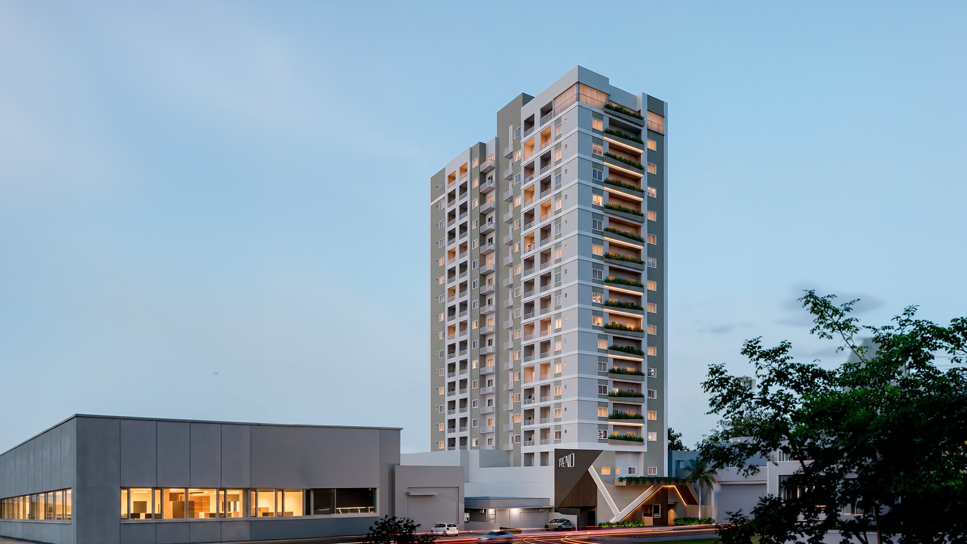 Edifício Trend — render da fachada ao entardecer, no centro de Cascavel