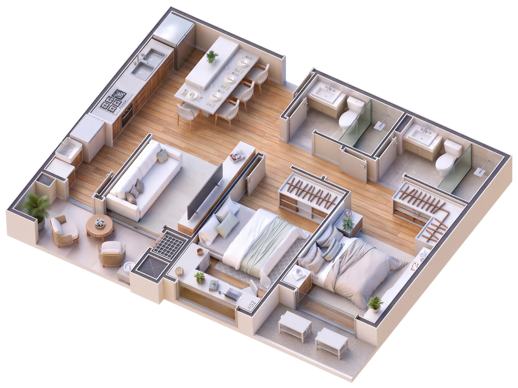 Maquete 3D da planta de 2 quartos do Trend (suíte + 1): living integrado à varanda, cozinha com ilha, dois dormitórios e dois banheiros — 68 m² privativos