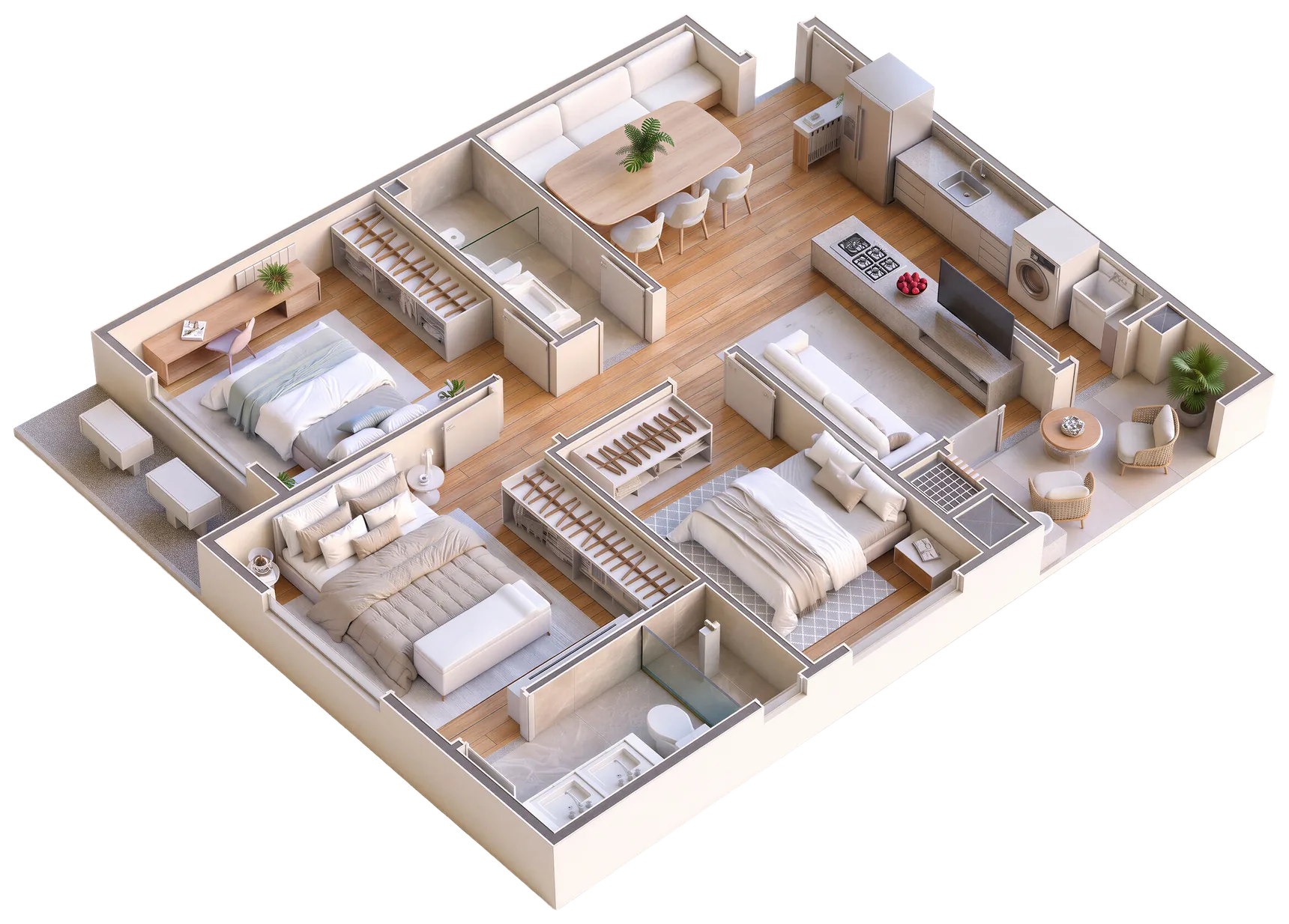Maquete 3D da planta de 3 quartos do Trend (suíte + 2): living e jantar integrados, cozinha com ilha, lavanderia, varanda e três dormitórios — 82 m² privativos